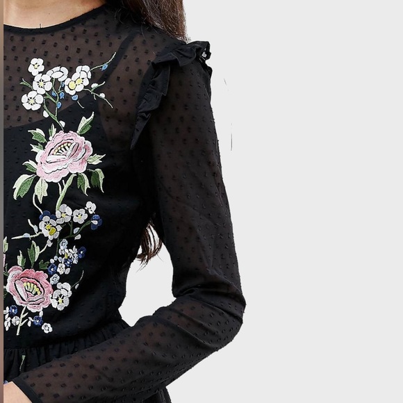 ASOS Floral Dress Black Sheer Embroidered 6 Tall - Picture 10 of 11